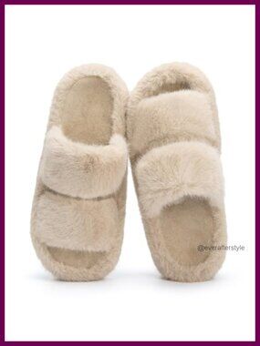 Memory Foam Fuzzy House Slippers Open Toe Double Strap Indoor Outdoor